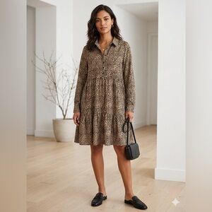 Leopard Print Long Sleeve Mini Dress - Brown